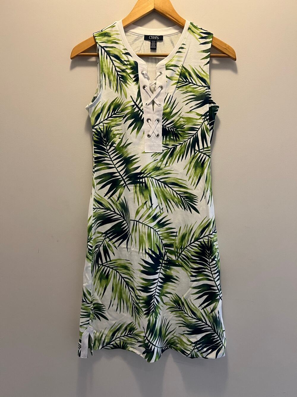NWOT Chaps Tropical Palm Knee Length Sleeveleas Dress Lace Front Green Small JL